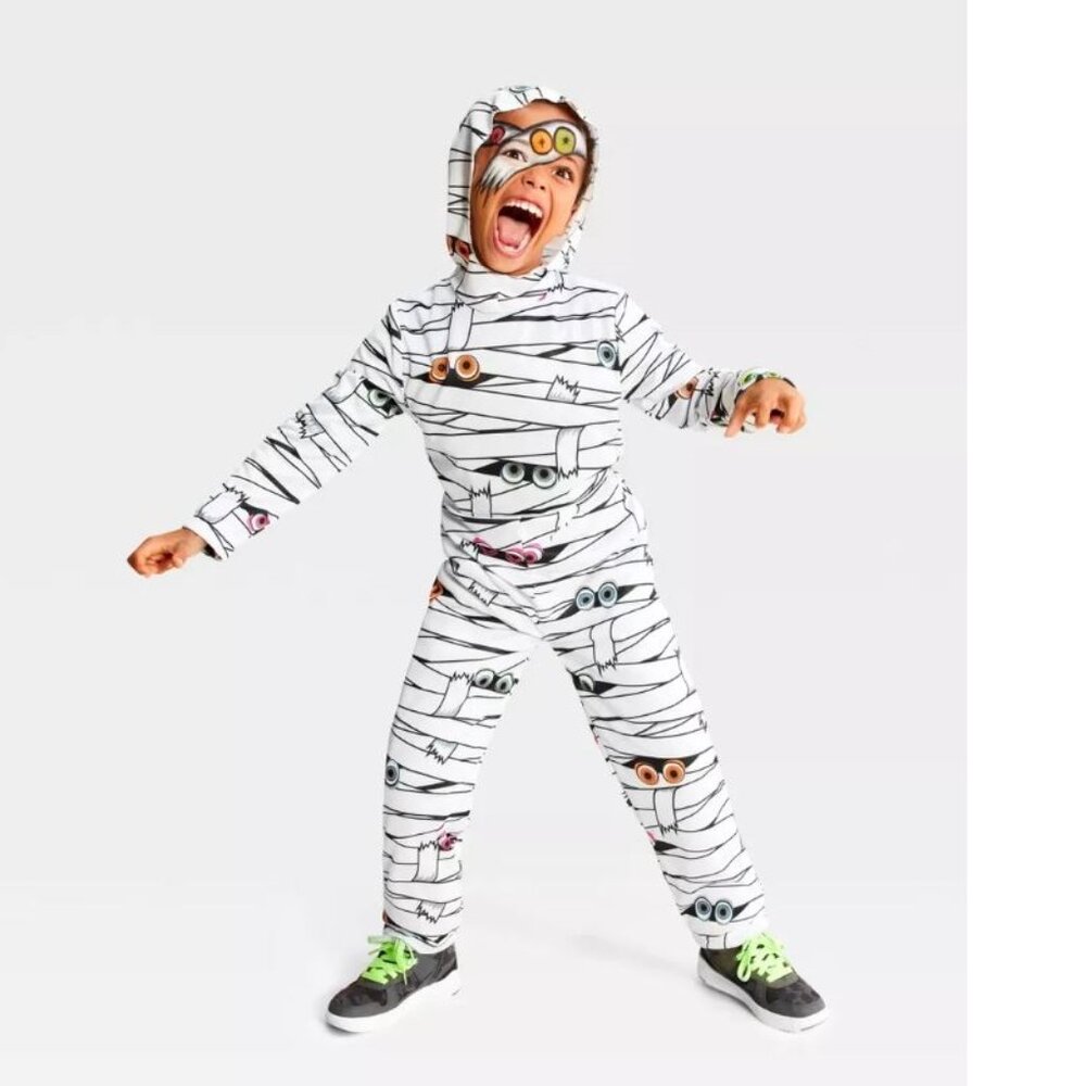 Mummy Blacklight Responsive Halloween Costume 12/14 White Hooded Jumpsuit Unisex